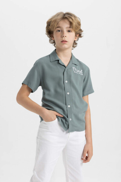 Boys Oversize Fit Polo Collar Viscose Short Sleeve Shirt Khaki - 3