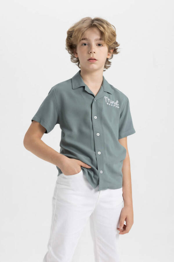 Boys Oversize Fit Polo Collar Viscose Short Sleeve Shirt Khaki - 3