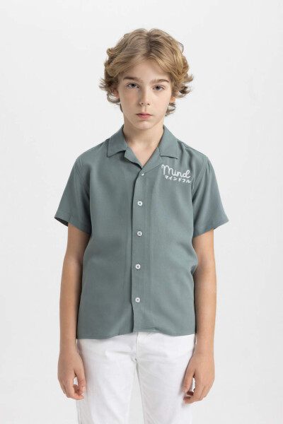 Boys Oversize Fit Polo Collar Viscose Short Sleeve Shirt Khaki - 4