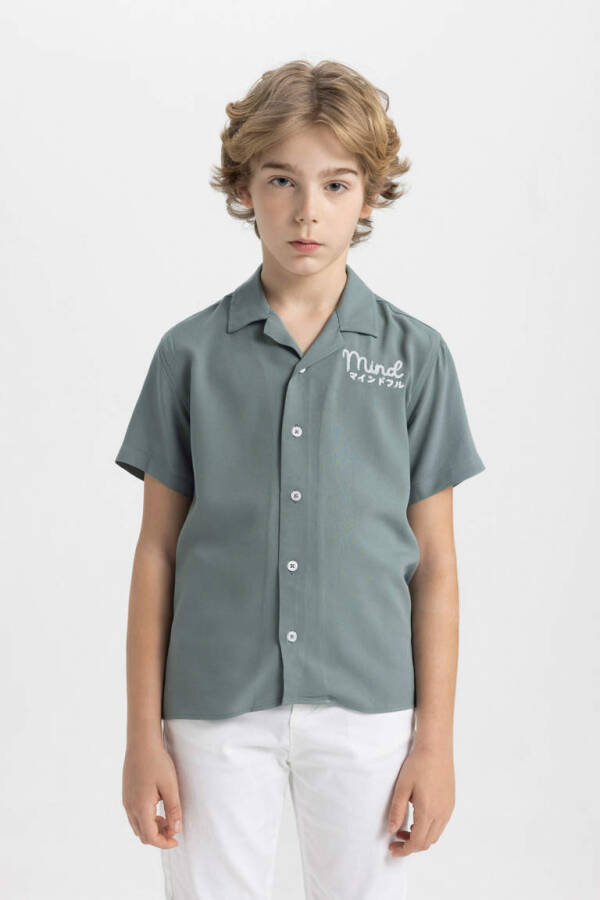 Boys Oversize Fit Polo Collar Viscose Short Sleeve Shirt Khaki - 4