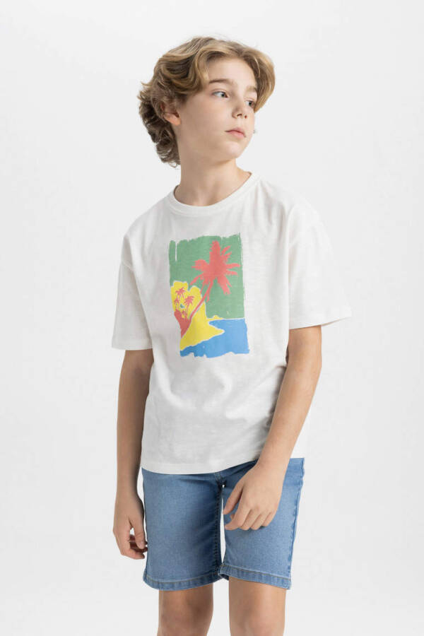 Boys' Oversized Fit Crew Neck Printed Short Sleeve T-Shirt Ecru - 1