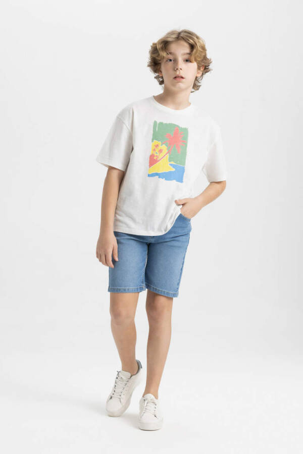 Boys' Oversized Fit Crew Neck Printed Short Sleeve T-Shirt Ecru - 2