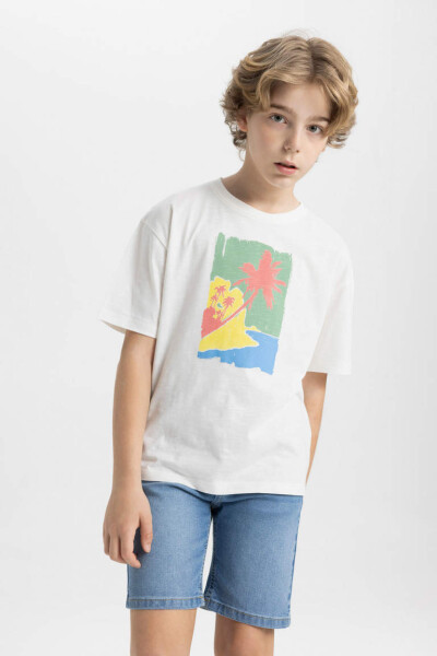 Boys' Oversized Fit Crew Neck Printed Short Sleeve T-Shirt Ecru - 4