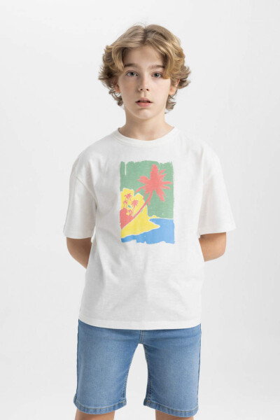 Boys' Oversized Fit Crew Neck Printed Short Sleeve T-Shirt Ecru - 5