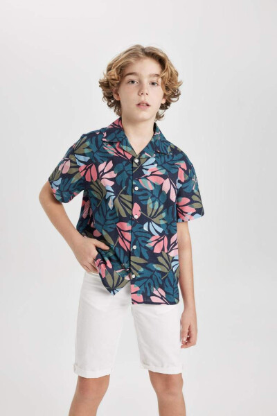 Boys' Oversized Fit Patterned Polo Collar Linen Look Short Sleeve Shirt Navy Blue - 5