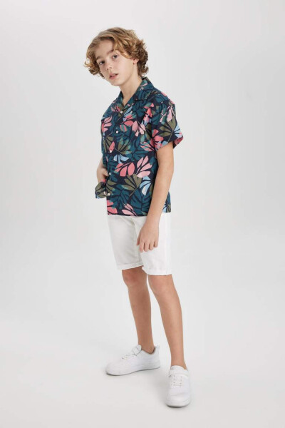 Boys' Oversized Fit Patterned Polo Collar Linen Look Short Sleeve Shirt Navy Blue - 6