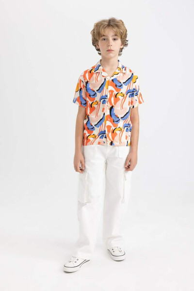 Boys' Oversized Fit Polo Collar Patterned Viscose Short Sleeve Shirt Ecru - 6