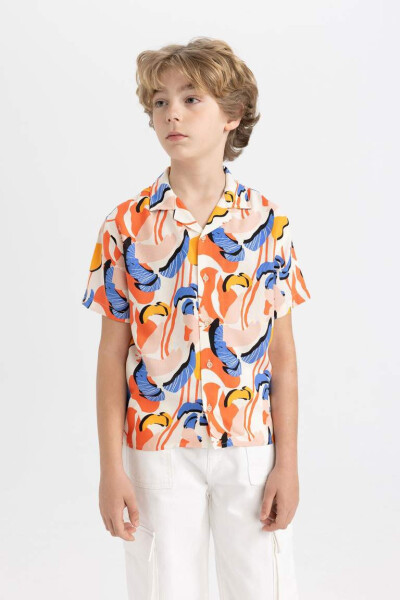 Boys' Oversized Fit Polo Collar Patterned Viscose Short Sleeve Shirt Ecru - 7