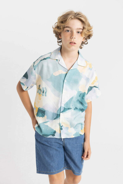 Boys' Oversized Fit Polo Collar Viscose Short Sleeve Shirt Light Green - 1