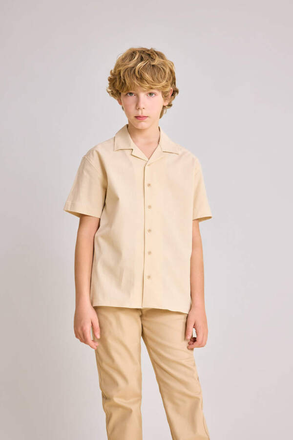 Boys' Oversized Fit Polo Collar Waffle Texture Short Sleeve Shirt Sand - 1