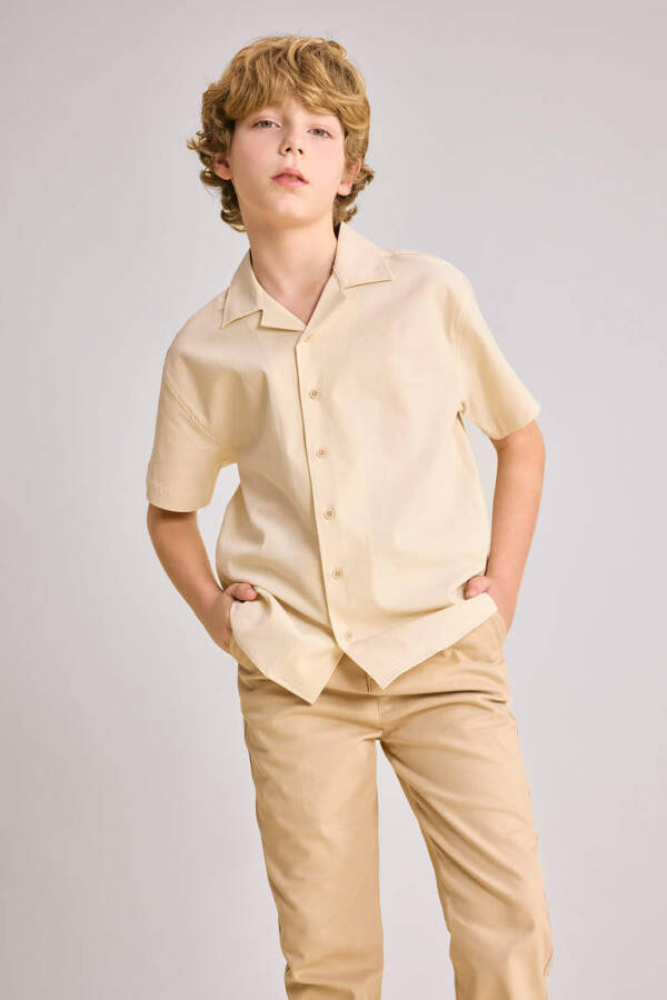 Boys' Oversized Fit Polo Collar Waffle Texture Short Sleeve Shirt Sand - 3