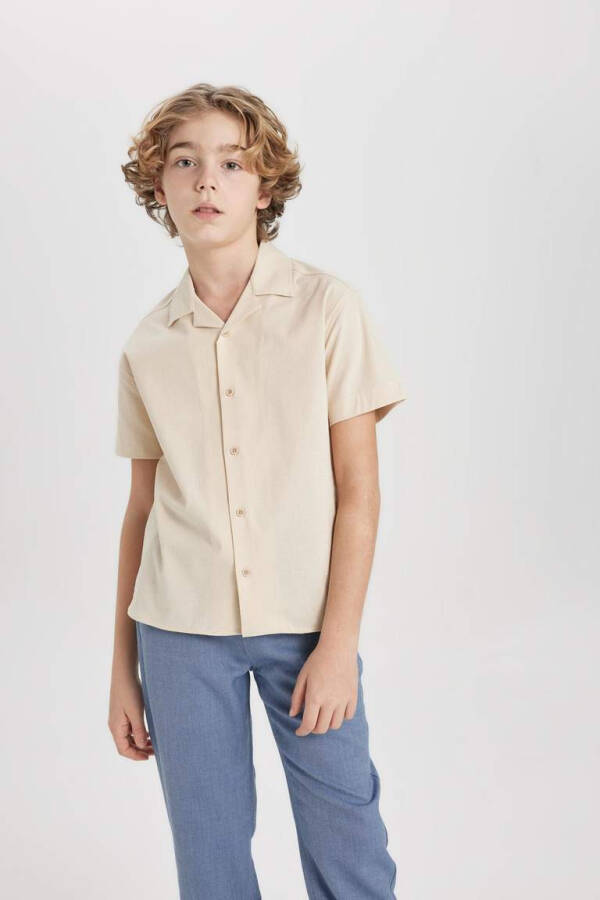 Boys' Oversized Fit Polo Collar Waffle Texture Short Sleeve Shirt Sand - 6