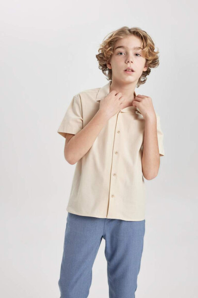 Boys' Oversized Fit Polo Collar Waffle Texture Short Sleeve Shirt Sand - 7