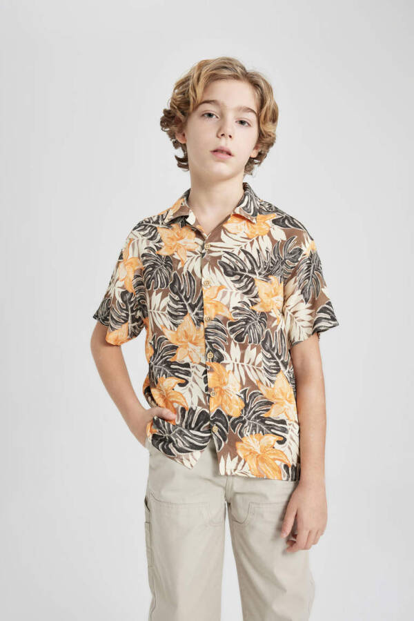 Boys' Oversized Fit Printed Viscose Short Sleeve Shirt Coffee - 2