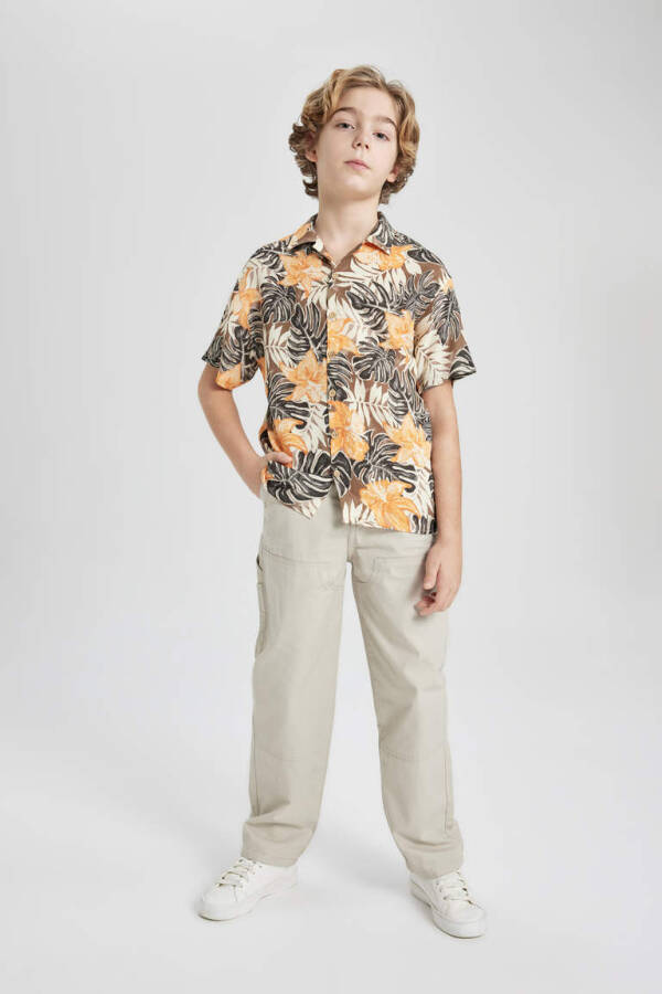 Boys' Oversized Fit Printed Viscose Short Sleeve Shirt Coffee - 3