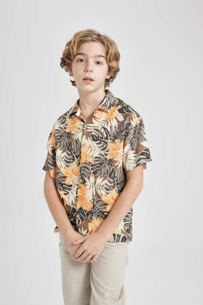 Boys' Oversized Fit Printed Viscose Short Sleeve Shirt Coffee - 4