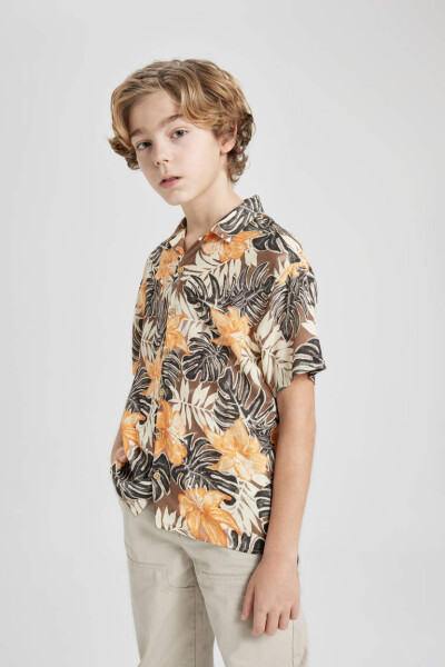 Boys' Oversized Fit Printed Viscose Short Sleeve Shirt Coffee - 5