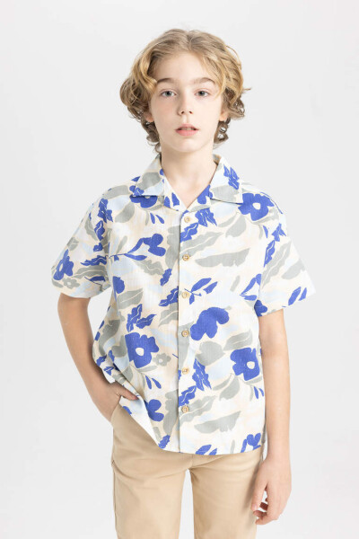 Boys' Oversized Patterned Viscose Short Sleeve Shirt Sand - 1