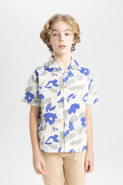 Boys' Oversized Patterned Viscose Short Sleeve Shirt Sand - 3