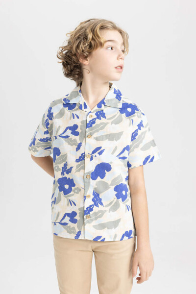 Boys' Oversized Patterned Viscose Short Sleeve Shirt Sand - 4