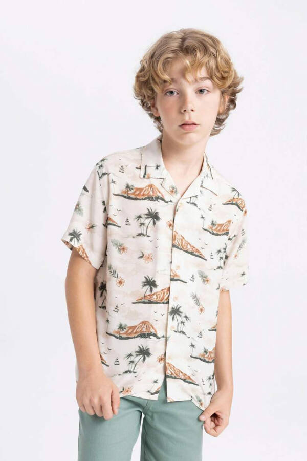 Boys' Printed Polo Collar Viscose Short Sleeve Shirt - 4