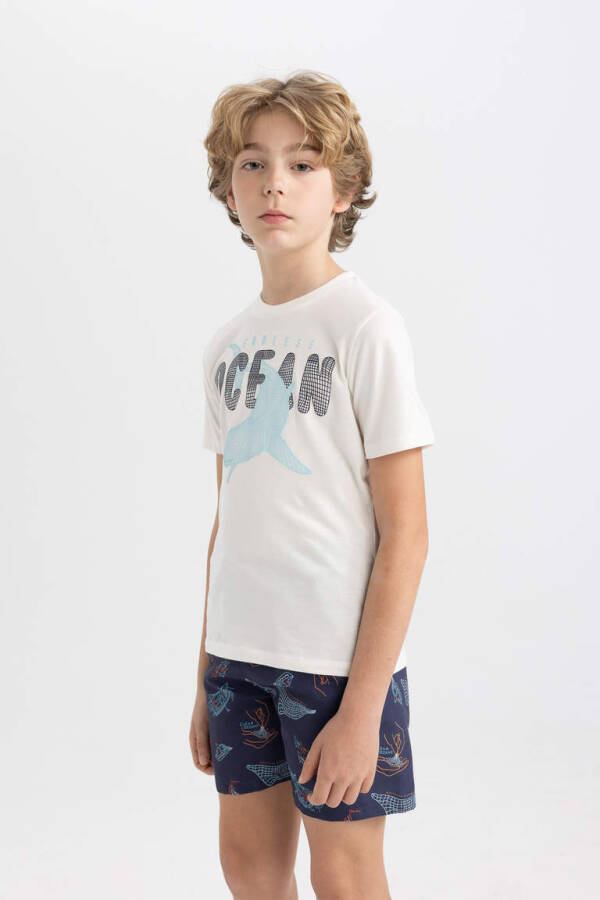 Boy's Printed Short-Sleeved T-Shirt and Swim Shorts 2 Piece Set Navy - 4