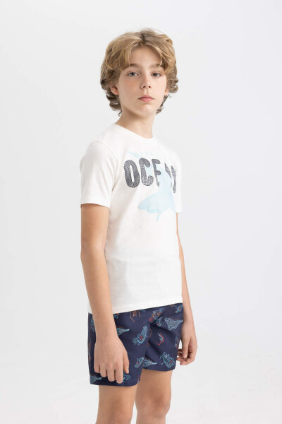 Boy's Printed Short-Sleeved T-Shirt and Swim Shorts 2 Piece Set Navy - 5