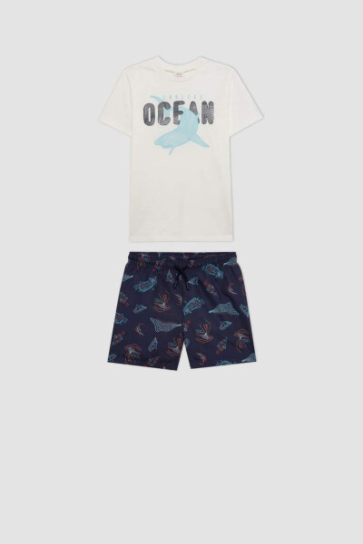 Boy's Printed Short-Sleeved T-Shirt and Swim Shorts 2 Piece Set Navy - 8