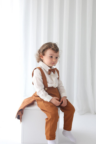 Boys' Suit - Brown Gabardine Vest 4-Piece Set (100% Cotton) - 13