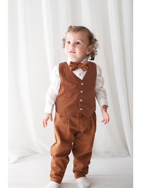 Boys' Suit - Brown Gabardine Vest 4-Piece Set (100% Cotton) - 6