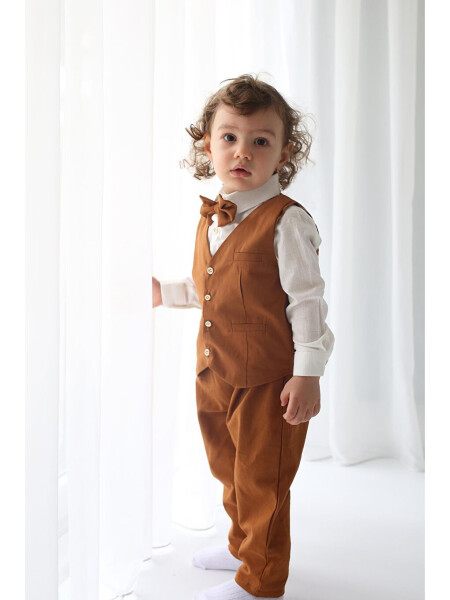 Boys' Suit - Brown Gabardine Vest 4-Piece Set (100% Cotton) - 7