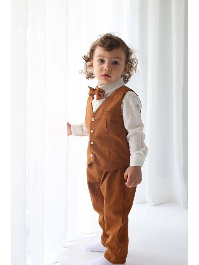 Boys' Suit - Brown Gabardine Vest 4-Piece Set (100% Cotton) - 2