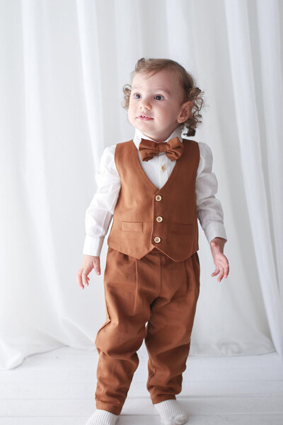 Boys' Suit - Brown Gabardine Vest 4-Piece Set (100% Cotton) - 16