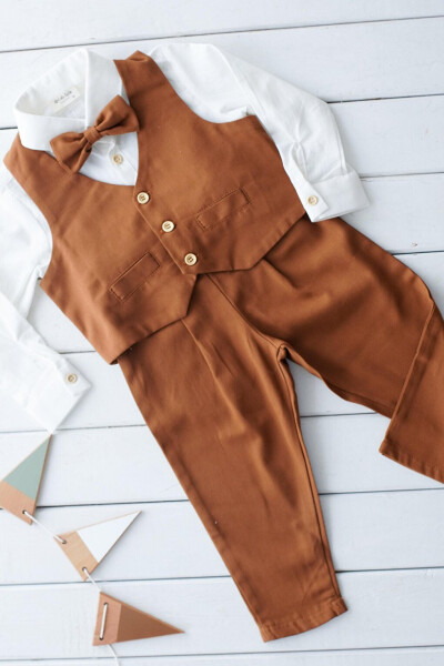 Boys' Suit - Brown Gabardine Vest 4-Piece Set (100% Cotton) - 17