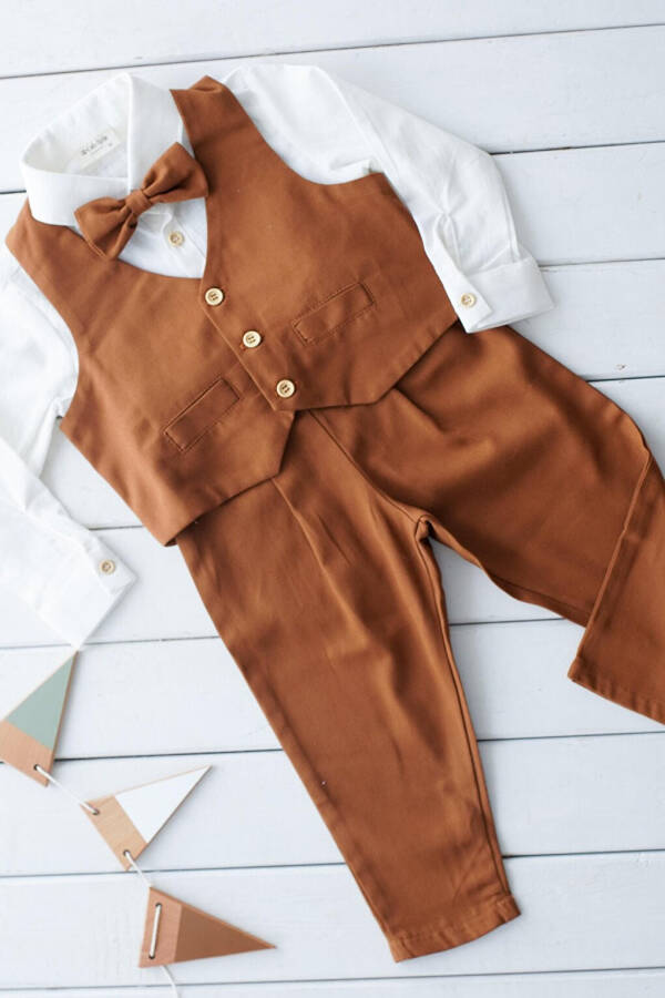 Boys' Suit - Brown Gabardine Vest 4-Piece Set (100% Cotton) - 17