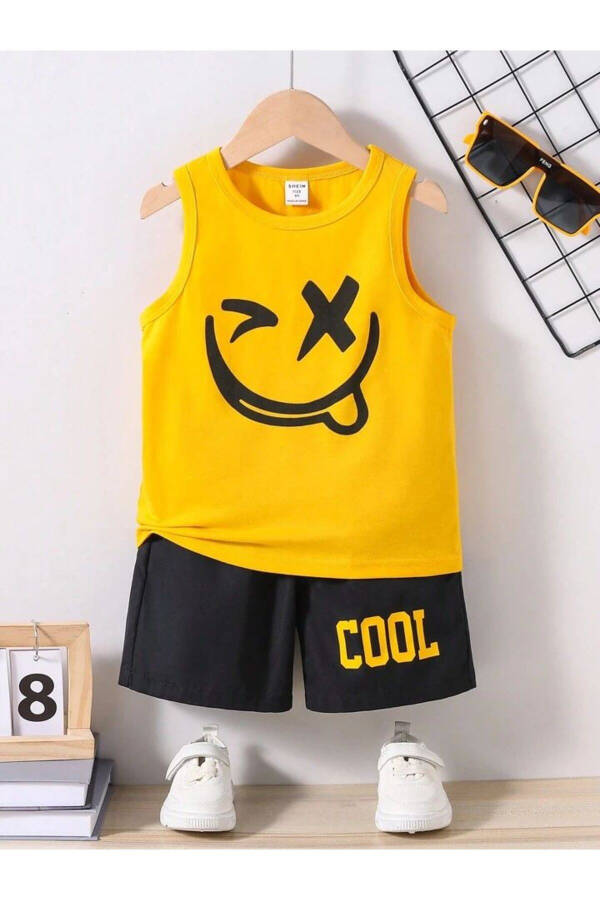 Boys Yellow Cool Smiling Face Printed Sleeveless T-Shirt-Shorts Set - 1