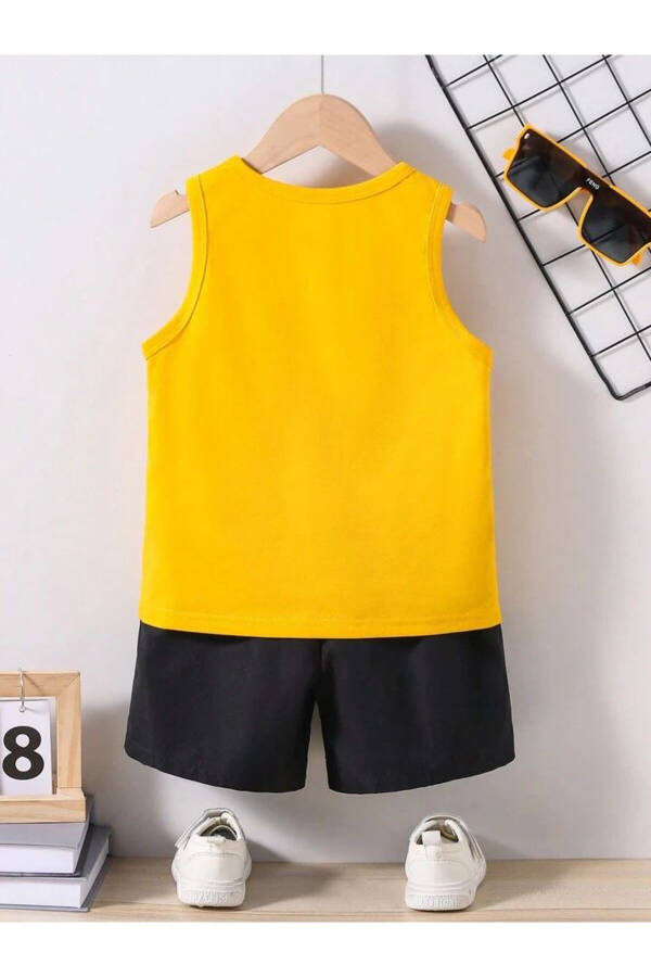 Boys Yellow Cool Smiling Face Printed Sleeveless T-Shirt-Shorts Set - 2