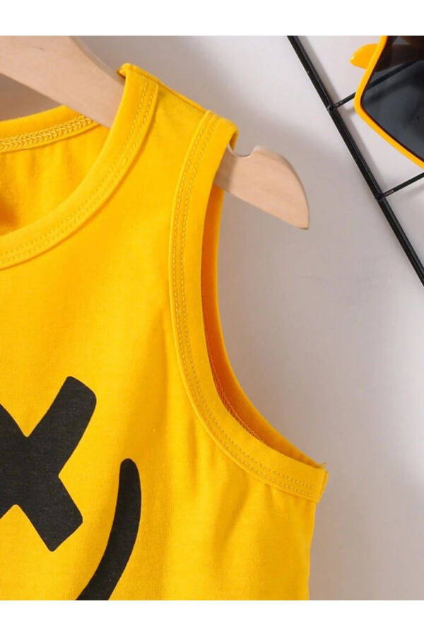 Boys Yellow Cool Smiling Face Printed Sleeveless T-Shirt-Shorts Set - 3