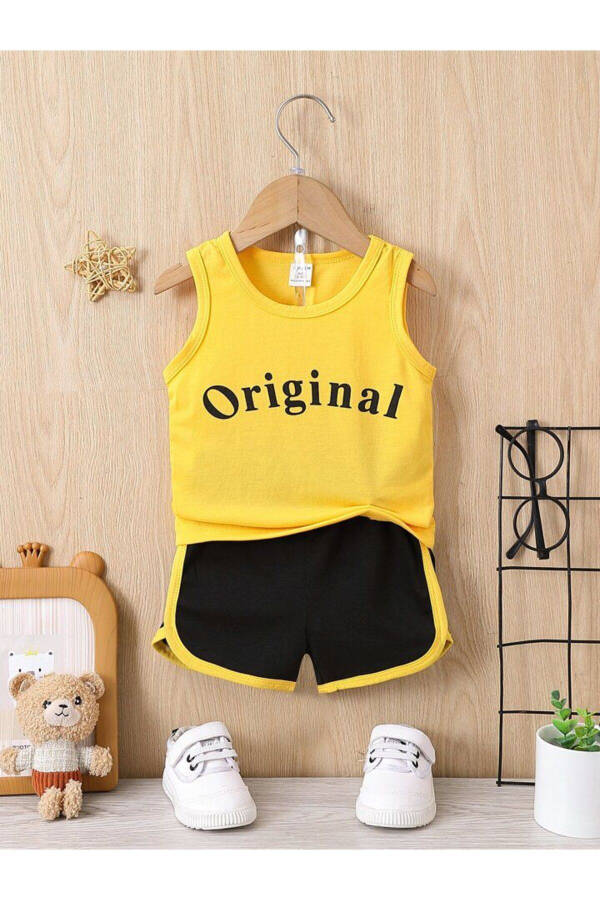 Boy's Yellow Original Printed Sleeveless T-Shirt and Shorts Set - 1