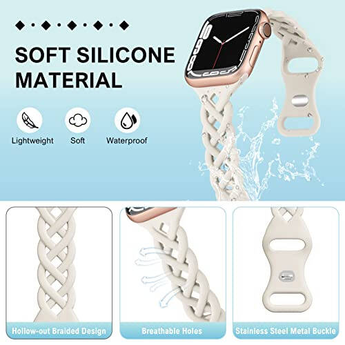 Braided Silicone Bands Compatible with Apple Watch 38mm 40mm 41mm 42mm 44mm 45mm 46mm 49mm for Women, Slim Thin Narrow Hollow-out Strap Cute for iWatch Ultra 2 Series 10/SE/9/8/7/6/5/4/3/2/1 Women - 3