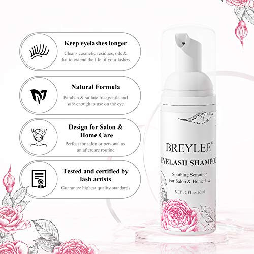 BREYLEE Shampoo for Lash Extensions, 60ml+Rinse Bottle+Brushes, Eyelash Extension Cleanser, Lash Wash Bath, Lash Cleaner for Makeup Cleansing Foams, Paraben & Sulfate Free for Salon and Home Use - 2