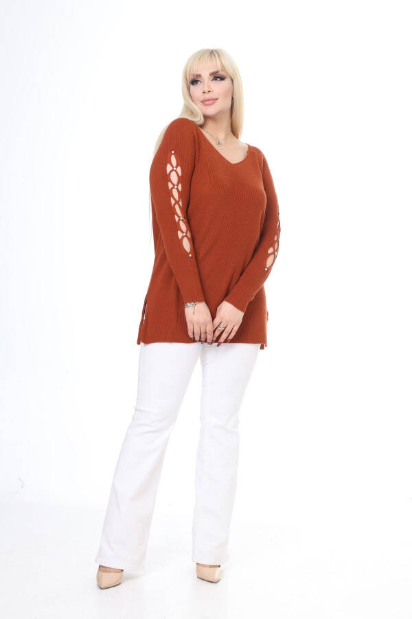 Brick V-Neck Rib Knit Stone Detail Sweater - 3