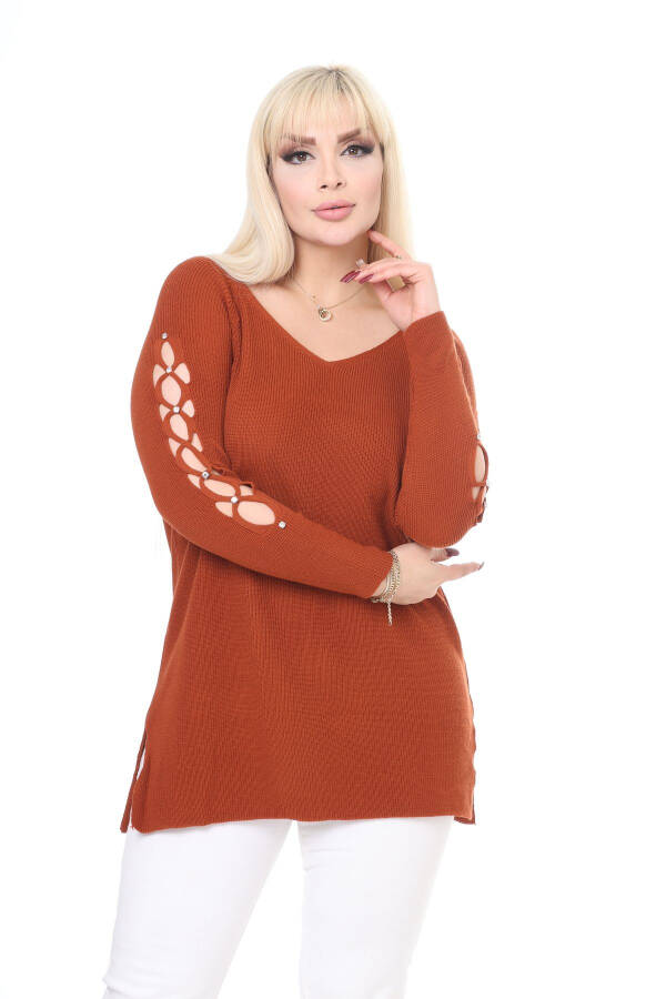 Brick V-Neck Rib Knit Stone Detail Sweater - 4