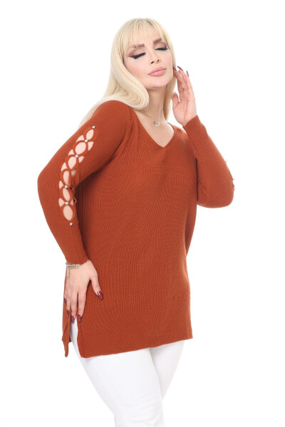 Brick V-Neck Rib Knit Stone Detail Sweater - 6