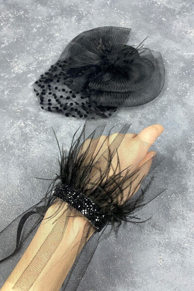 Bridal Accessory Polka Dot Black Wedding Hat And Seren Feathered Wrist Accessory - 1