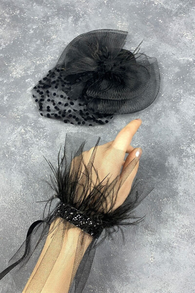 Bridal Accessory Polka Dot Black Wedding Hat And Seren Feathered Wrist Accessory - 2