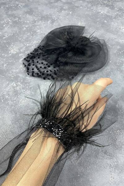 Bridal Accessory Polka Dot Black Wedding Hat And Seren Feathered Wrist Accessory - 4