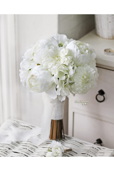 Bridal Bouquet and Groom Boutonniere with Hydrangea, Peony, Chrysanthemum, Chiffon Ribbon - 7