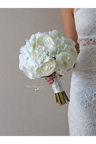 Bridal Bouquet and Groom Boutonniere with Hydrangea, Peony, Chrysanthemum, Chiffon Ribbon - 4