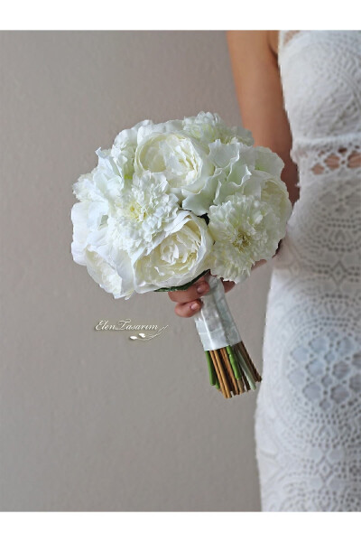 Bridal Bouquet and Groom Boutonniere with Hydrangea, Peony, Chrysanthemum, Chiffon Ribbon - 2